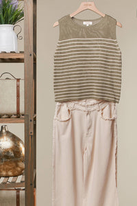 The Sutton Striped Knit Tank: Olive  – Sleeveless Lightweight Everyday Sweater Top