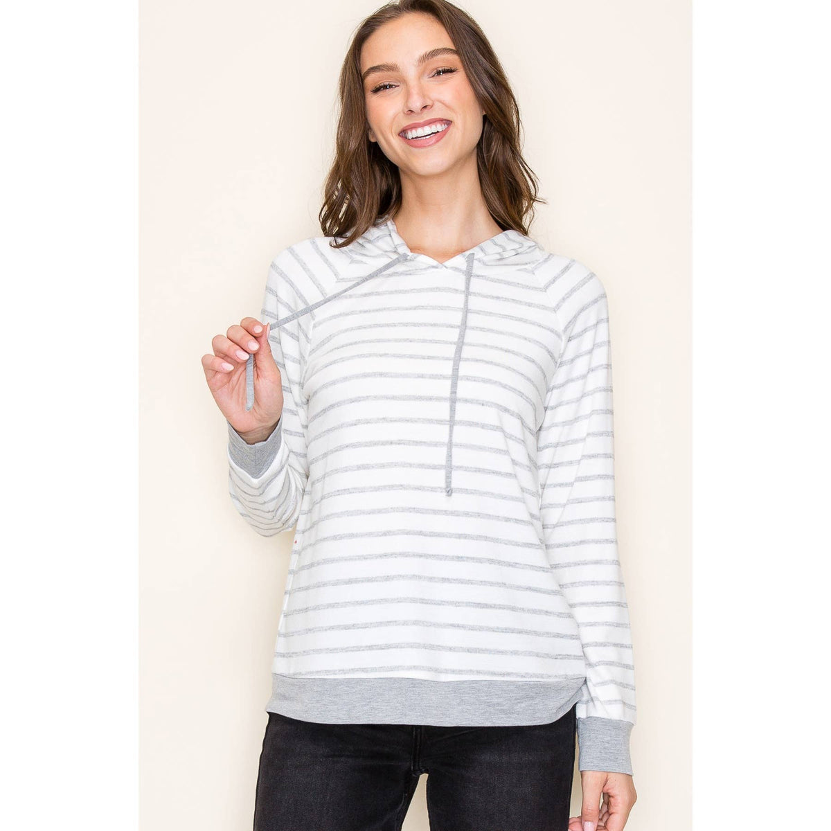 Nina Drawstring Neck Long Sleeve Striped Hoodie Top Grey