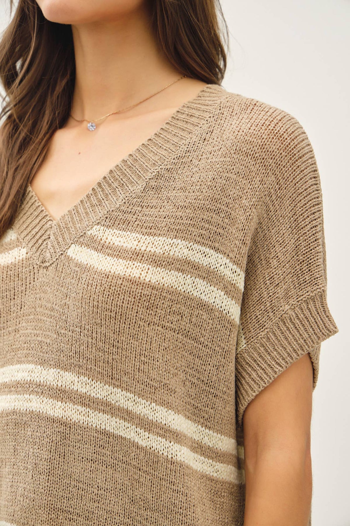 The Elodie Striped V-Neck Sweater: Taupe  – Oversized Lightweight Cap Sleeve Knit Top