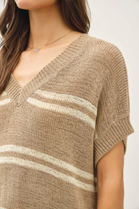 The Elodie Striped V-Neck Sweater: Taupe  – Oversized Lightweight Cap Sleeve Knit Top