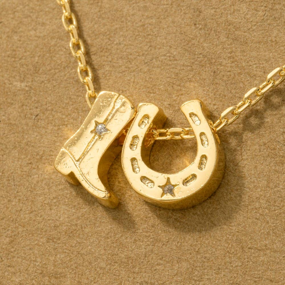 Lucky Cowgirl Charm Necklace – Western Boot & Horseshoe Pendant in Gold or Silver