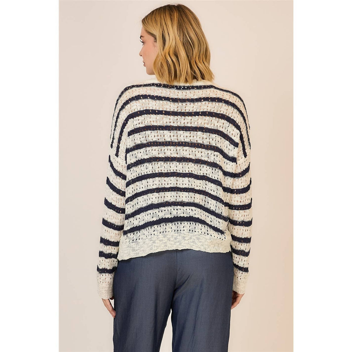 Classic Stripe Open Knit Sweater: Off White/Navy