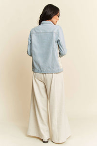 The Clara Lace Patch Denim Jacket – Light Wash Button-Up with Boho Details