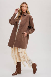 Clara Oversized Corduroy Jacket – Mocha Button-Down Shacket with Pockets