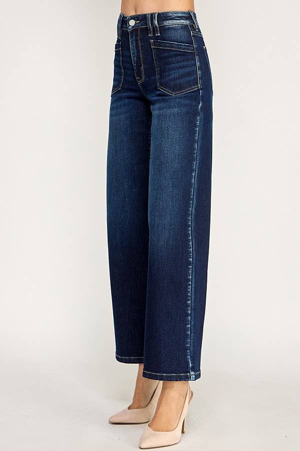 Petra "Sloane"  Patch Pocket Wide Leg High Rise Jeans: Dark Wash
