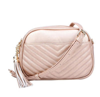 Veronica V-Stitch Tassel Crossbody Bag – Coffee & Stone | Faux Leather Small Purse with Double Zipper Top, Adjustable Strap, Gold Hardware