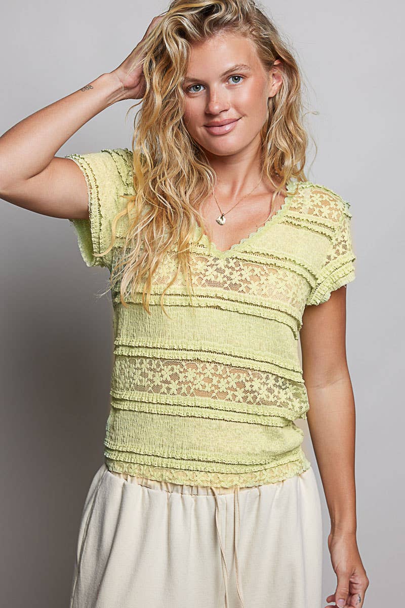 Feminine Lace V Neck Short Sleeve Top Trim Raw Edge: CREAM / S