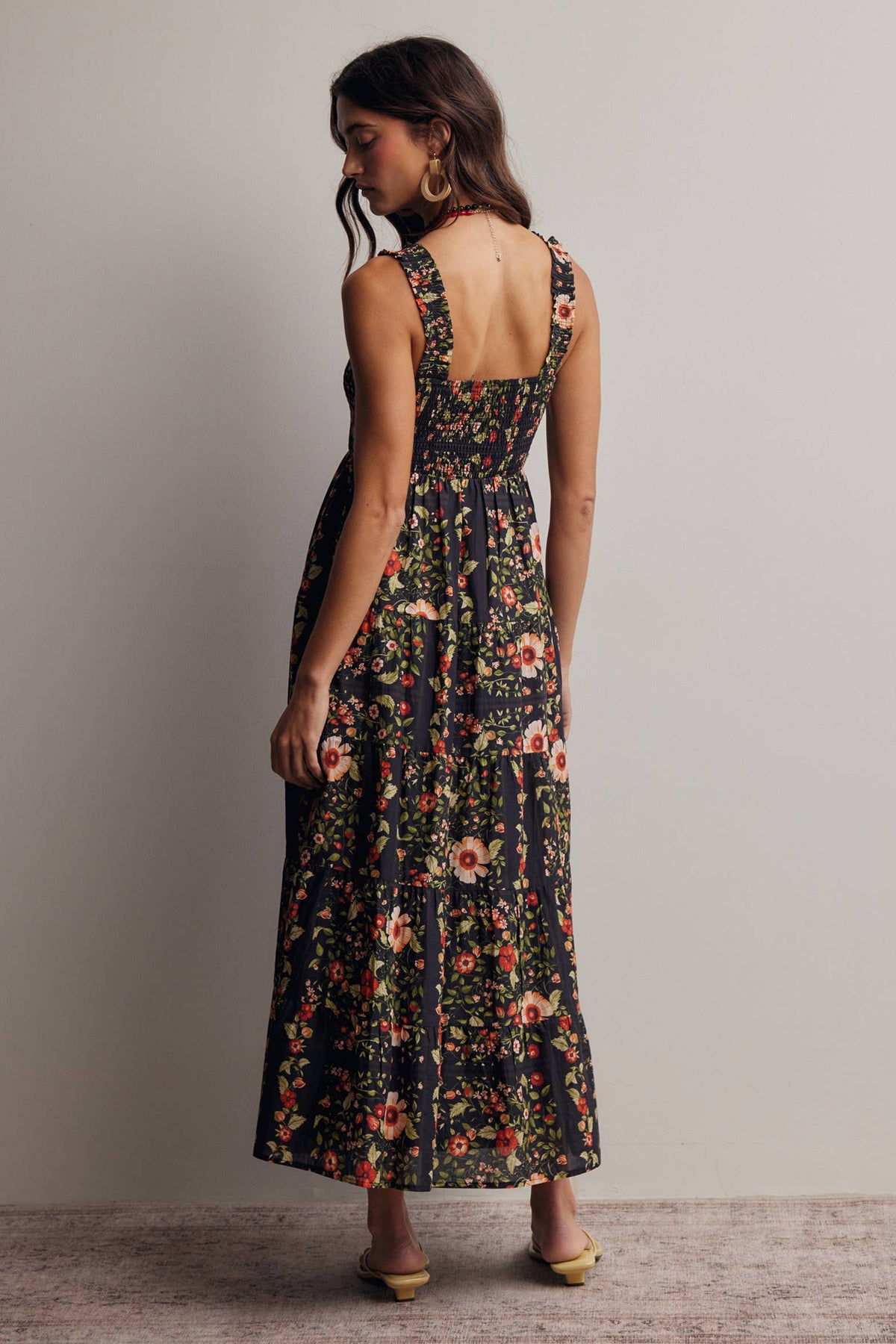 The Meadow Breeze Smocked Midi Dress: Black – Cotton Tiered Boho Dress with Pockets