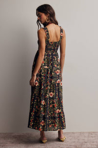 The Meadow Breeze Smocked Midi Dress: Black – Cotton Tiered Boho Dress with Pockets