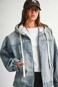 Off the Clock Mineral Wash Denim Hoodie Jacket: Light Wash