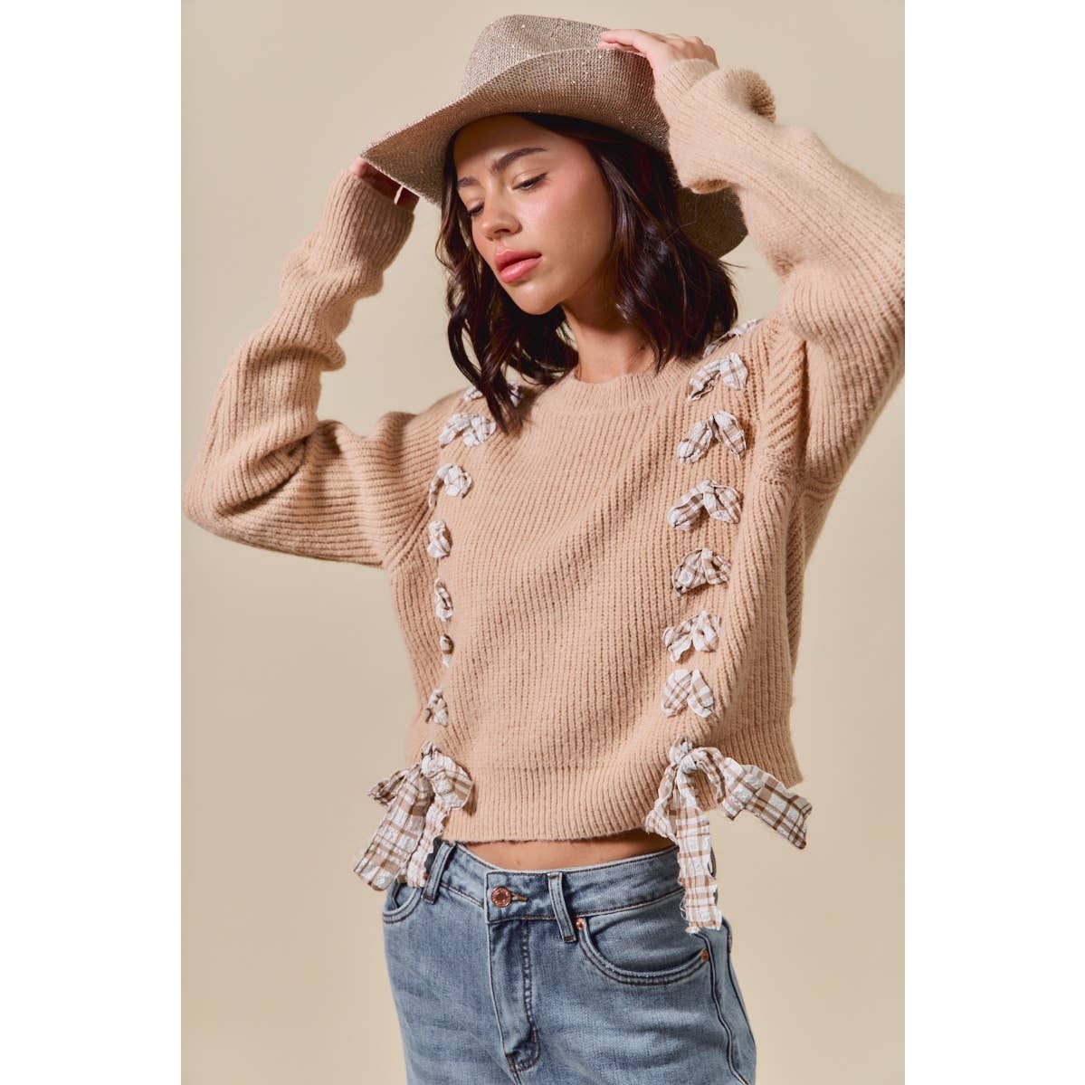 Harper Plaid Bow Detail Sweater: Taupe