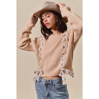 Harper Plaid Bow Detail Sweater: Taupe