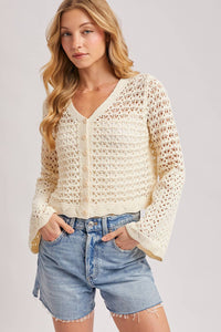 Ivory Crochet Button Front Cardigan: Ecru