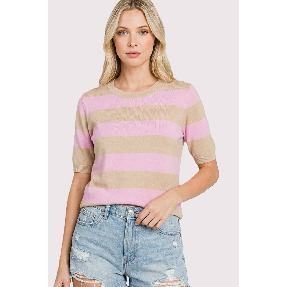 Blair Light Weight Sweater Tee:Taupe/Pink