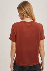 Willow Sheer Knit Crew Neck Tee – Cream & Rust Lightweight Layering Top