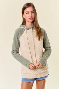 Kara Quilted Knit Layer Hood Sweatshirt: OAT/OLIVE