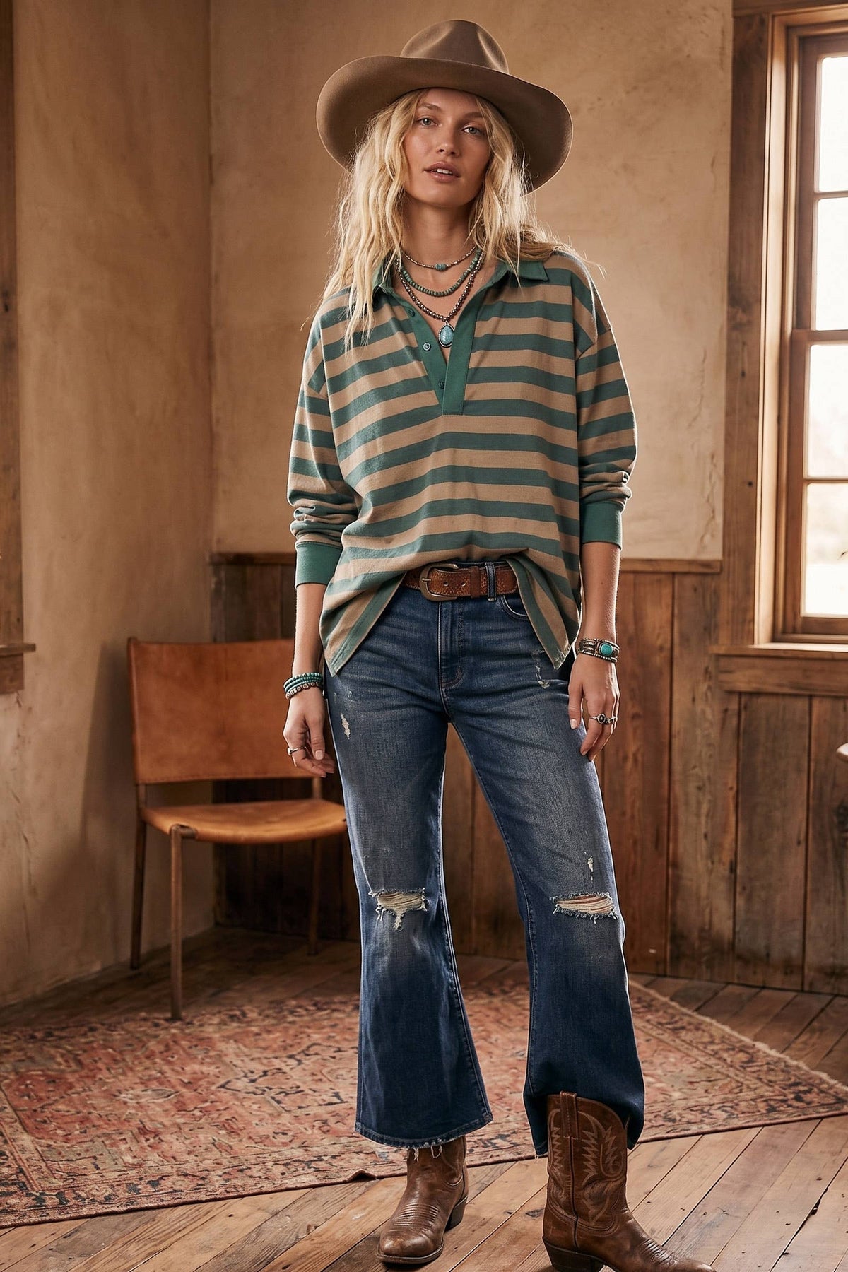 Out West Rugby Top: taupe/ dusty teal