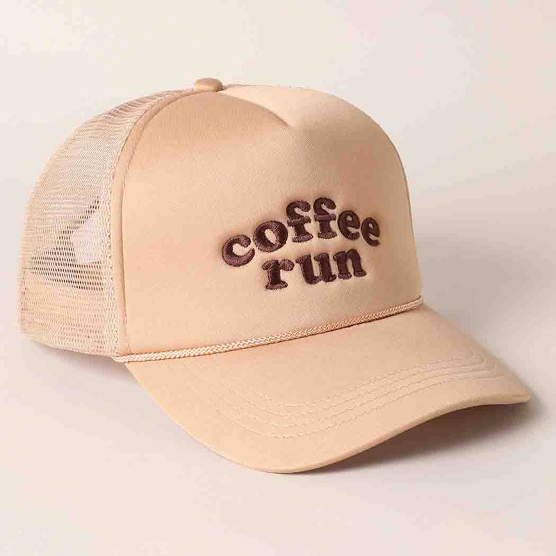 Coffee Run Embroidered Trucker Hat – Neutral Tan Mesh Snapback