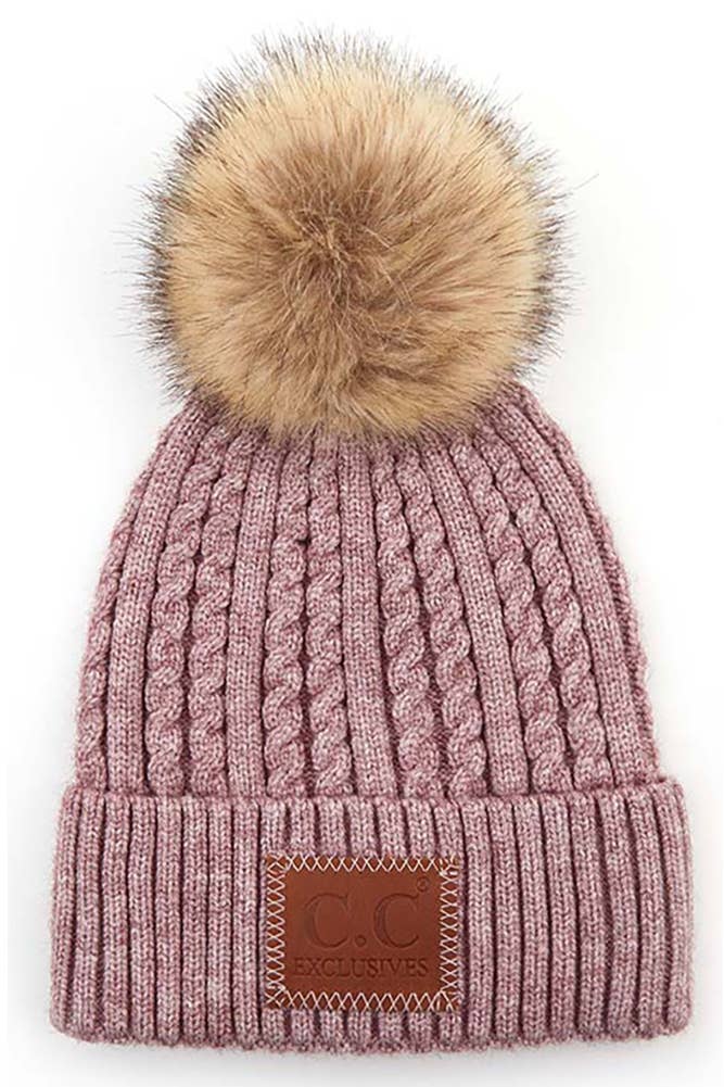 C.C Double Braided Beanie with Faux Fur Pom – Warm Winter Hat with Leather Patch