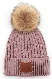 C.C Double Braided Beanie with Faux Fur Pom – Warm Winter Hat with Leather Patch