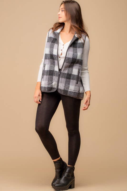 Sleigh Ride Soft and Cozy Plaid Sherpa Vest: Grey