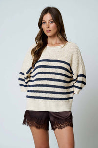 The Easy Stripe Short Sleeve Sweater: Navy