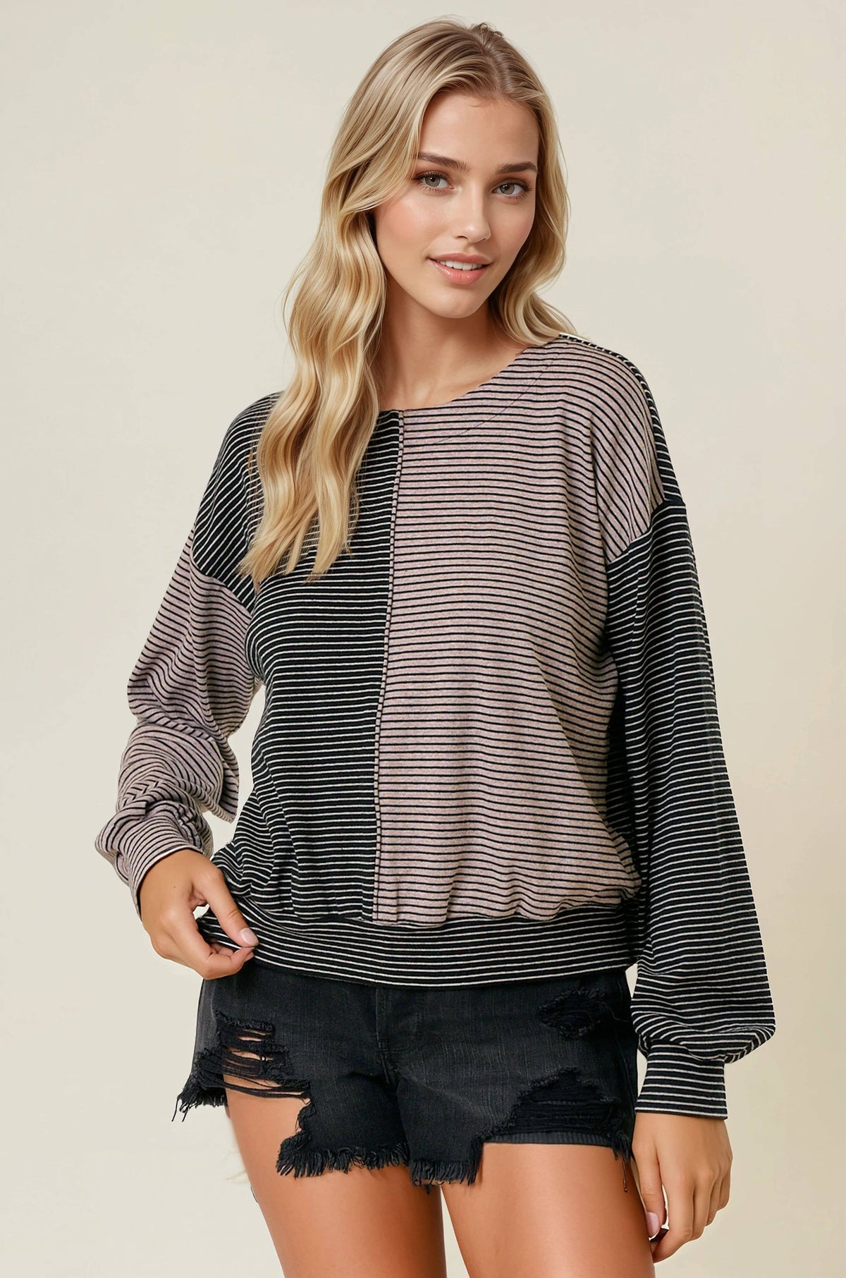 The Tessa Two-Tone Stripe Top – Charcoal/Wheat Mix
