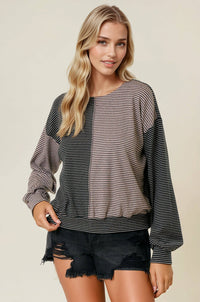 The Tessa Two-Tone Stripe Top – Charcoal/Wheat Mix