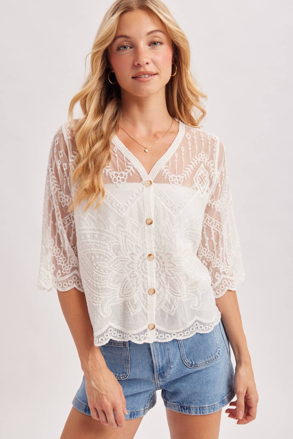 Ivory Embroidered Sheer Lace Button Front Blouse