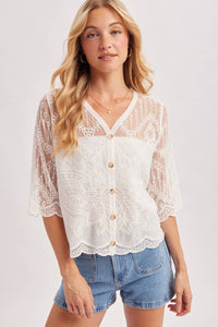 Ivory Embroidered Sheer Lace Button Front Blouse