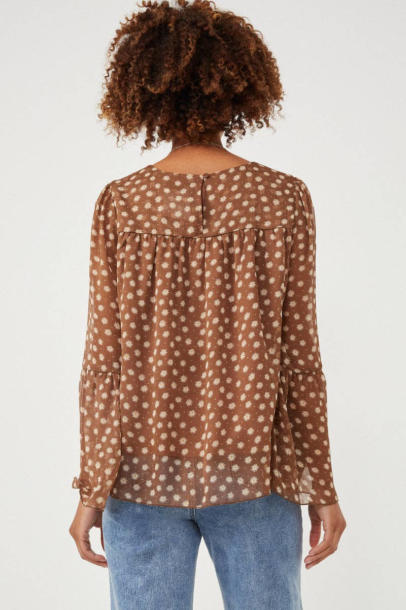 Autumn Daisy Chiffon Blouse Tiered Chiffon Top: Brown