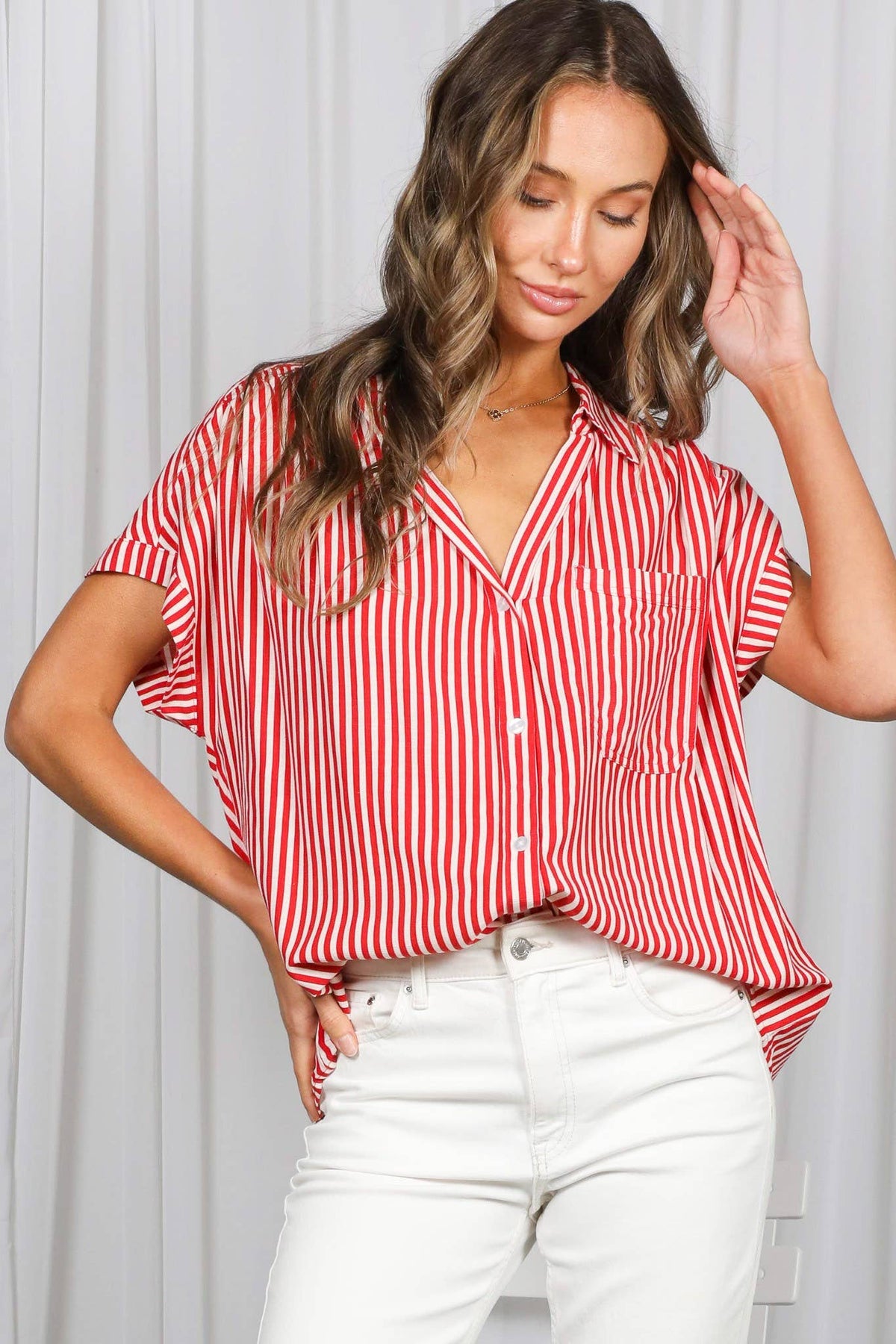 Collared Short Roll-Up Sleeve Button-Down Shirt VT83098: Brown / L