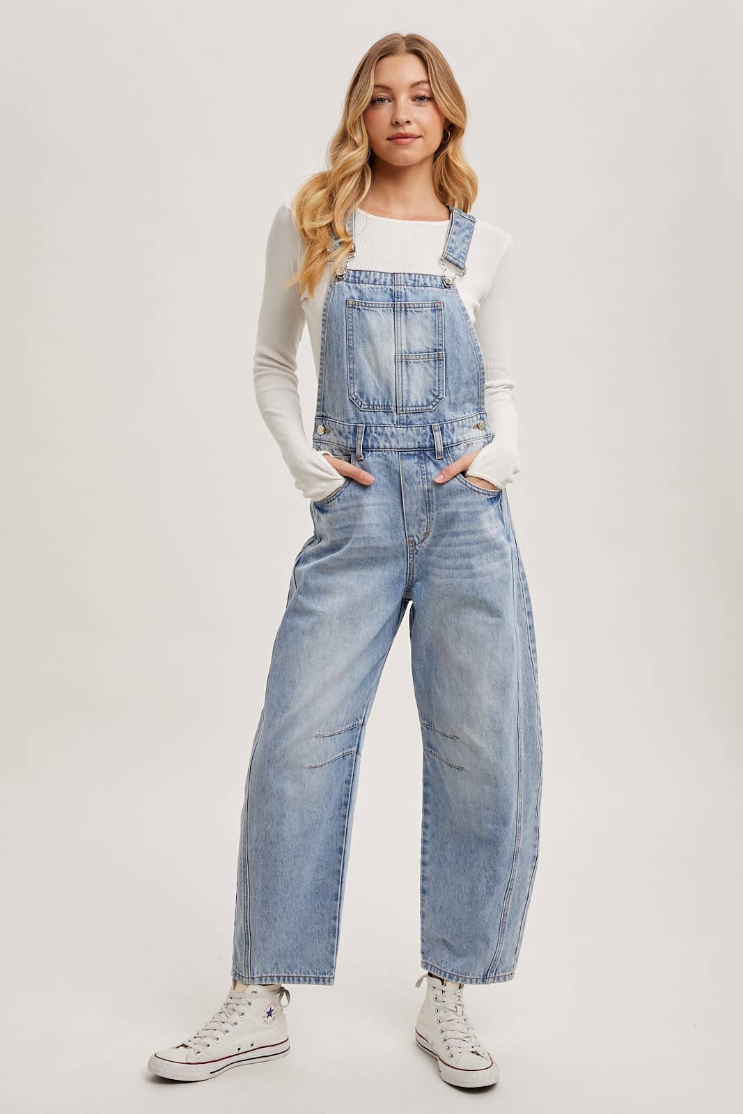 Juniper Barrel Leg Denim Overalls – Vintage Medium Wash Barrel-Leg Overalls with Adjustable Straps