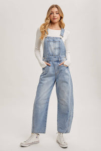 Juniper Barrel Leg Denim Overalls – Vintage Medium Wash Barrel-Leg Overalls with Adjustable Straps