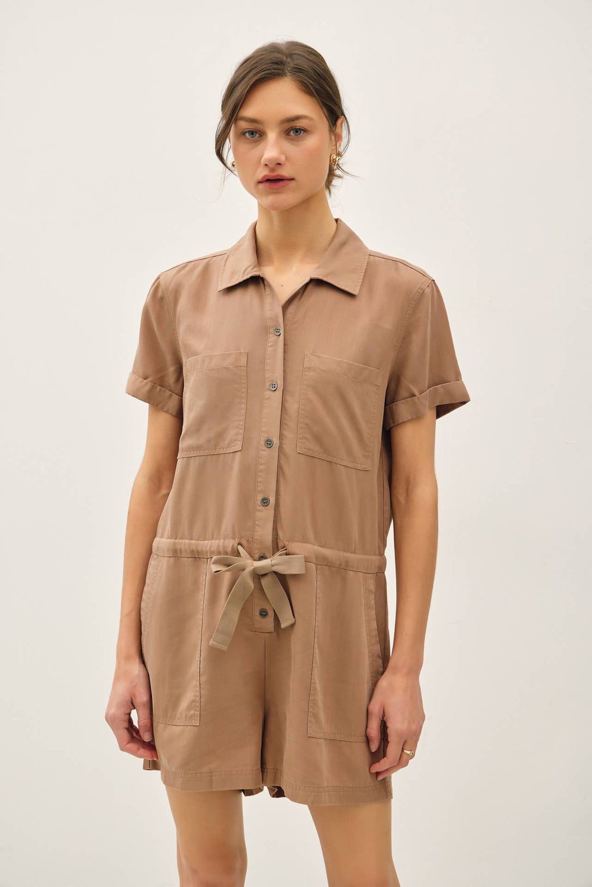 The Harper Button-Up Tencel Romper – Short Sleeve Utility Style