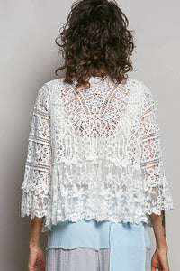 V-neck Short Sleeve Crochet Floral Lace Cardigan: NATURAL / OS