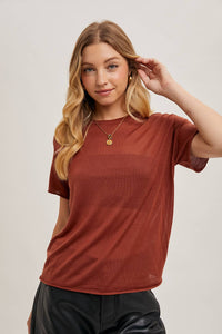 Willow Sheer Knit Crew Neck Tee – Cream & Rust Lightweight Layering Top