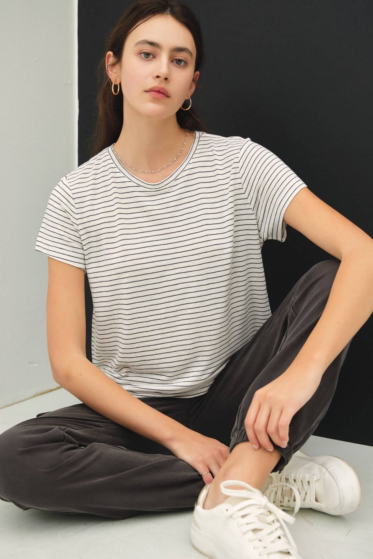 The Brighton Cotton Linen Striped Tee: Charcoal – Lightweight Relaxed Everyday T-Shirt for Women