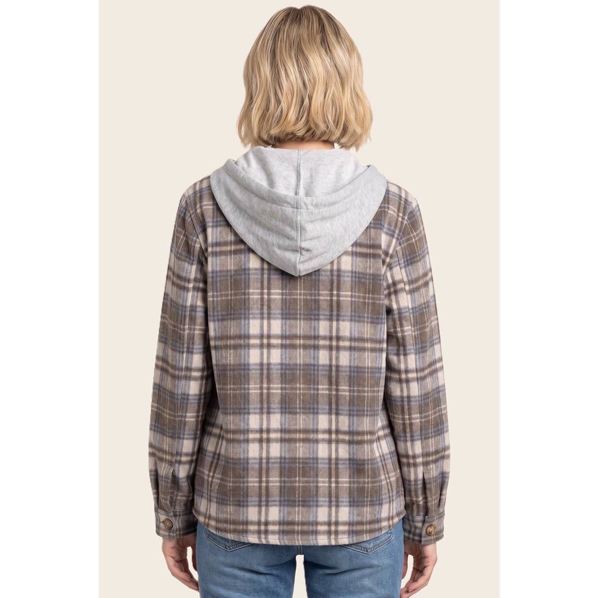 Layer Up Plaid Hooded Shacket: Brown/ Blue