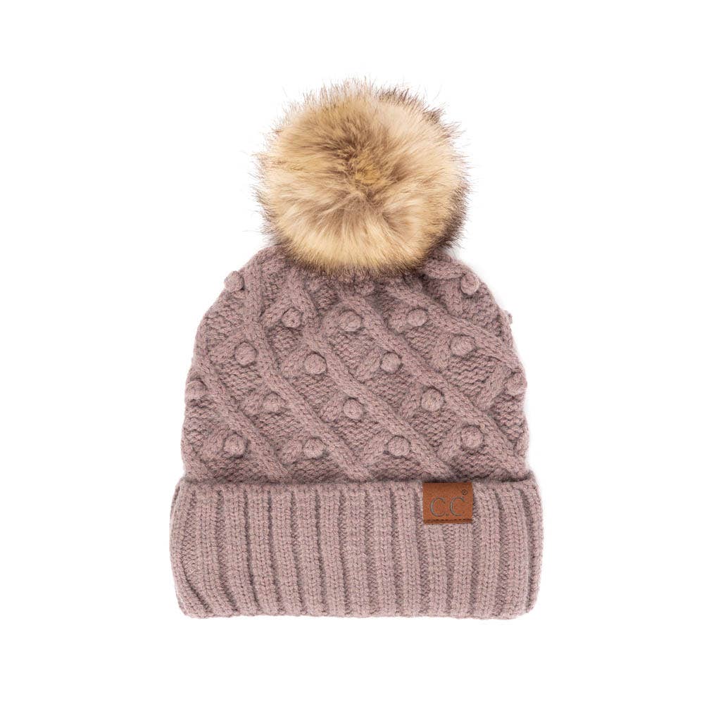 C.C Bobble Knit Beanie with Faux Fur Pom – Cozy Winter Hat for Women, One Size, 100% Acrylic