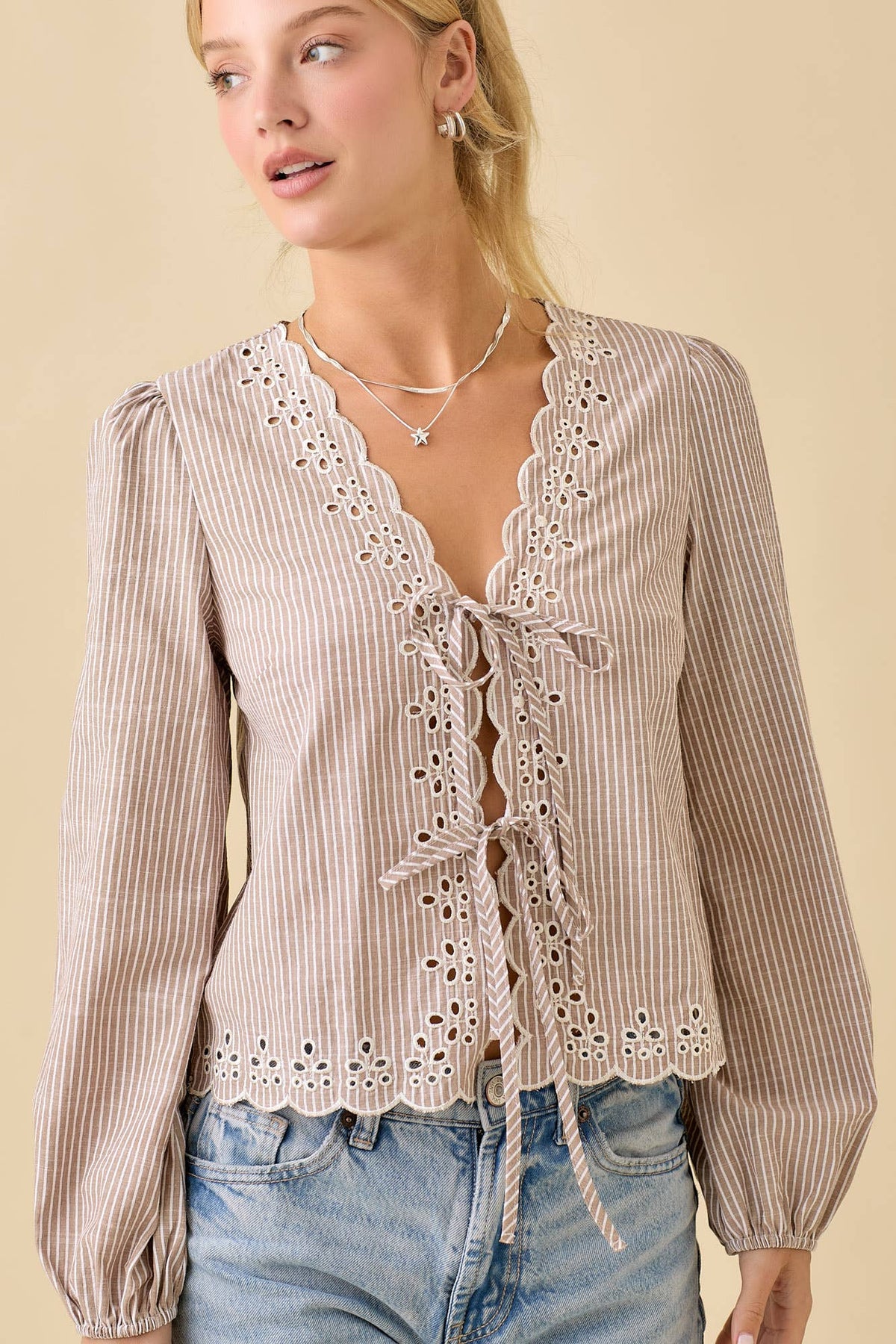 The Laurel Embroidered Tie Top: Taupe