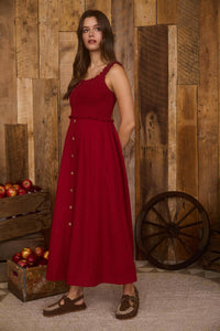 The Josette Smocked Midi Dress – Button-Front Sleeveless Dress in Apple Red