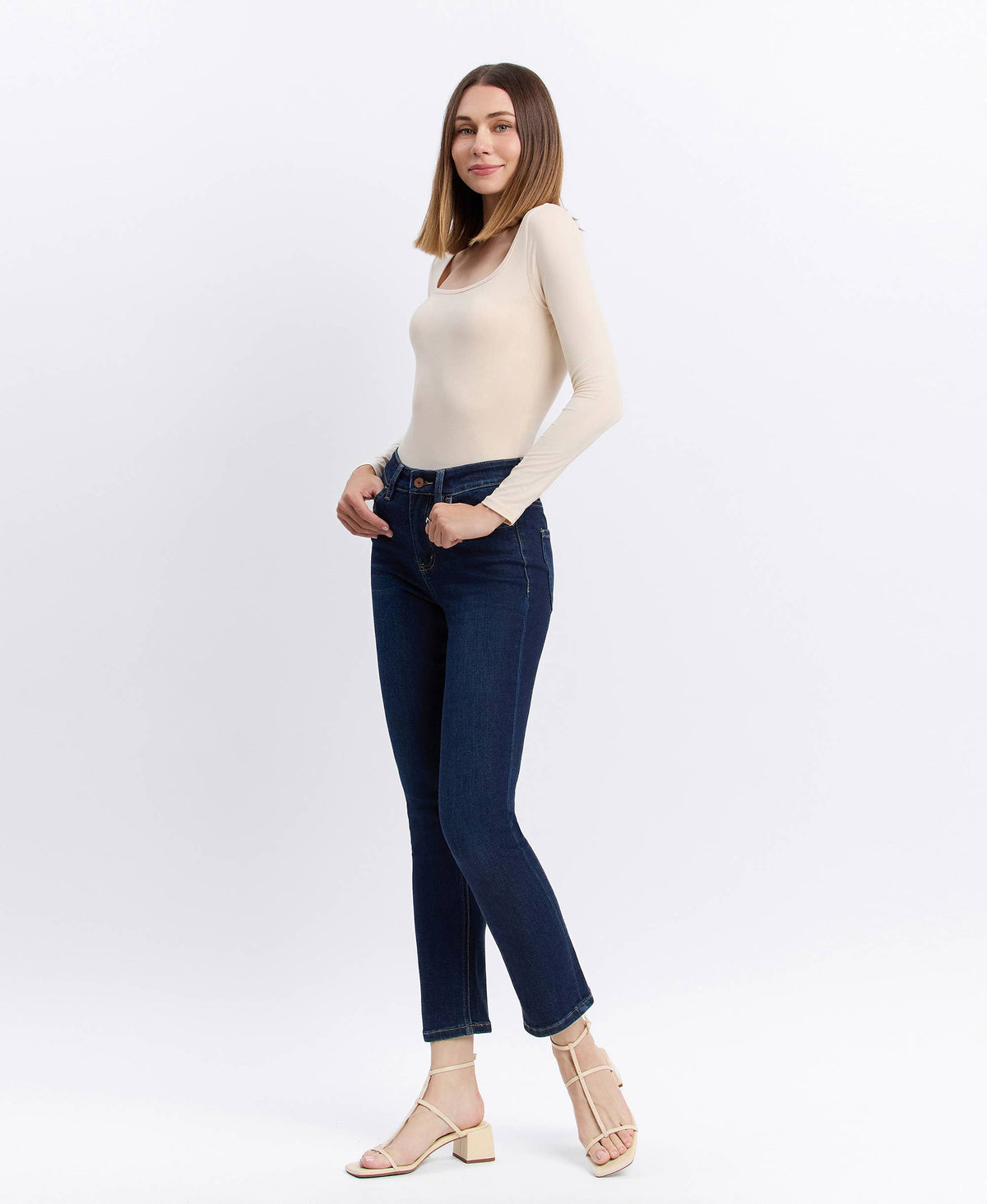 Vervet By Flying Monkey "Maren" High Rise Slim Straight Ankle Jeans – Dark Wash Denim
