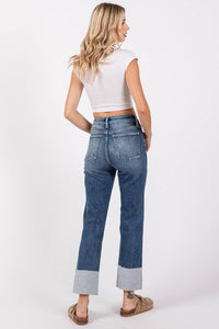 Remi High Rise Slim Straight Jeans – Dark Wash Cuffed Denim with Raw Hem