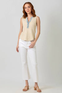 Elowen Washed Thermal Sleeveless Henley Top – Textured Ribbed Casual Essential