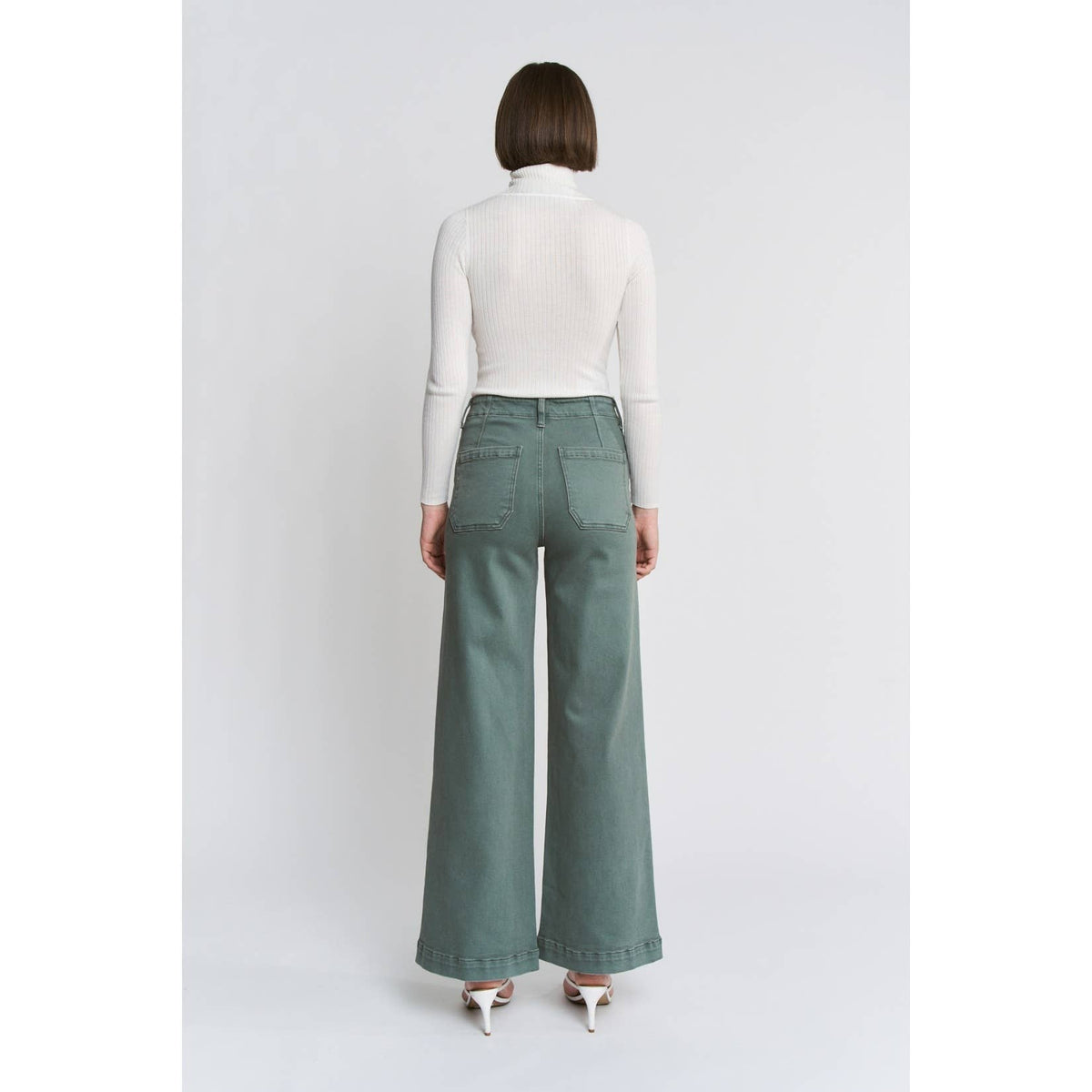Mica Denim Remi High Rise Wide Leg Jeans – Sage Green Vintage Wash Stretch Denim