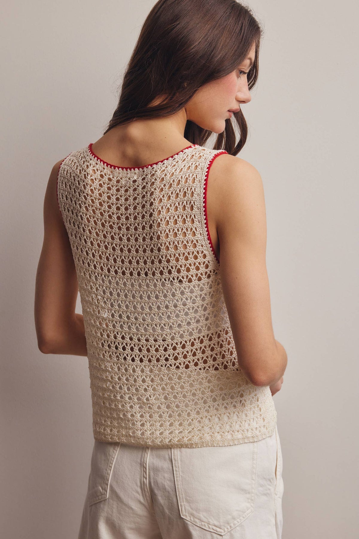 The Juniper Crochet Knit Top: Ivory Red – Sleeveless Boat Neck Lightweight Boho Tank