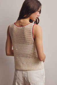 The Juniper Crochet Knit Top: Ivory Red – Sleeveless Boat Neck Lightweight Boho Tank