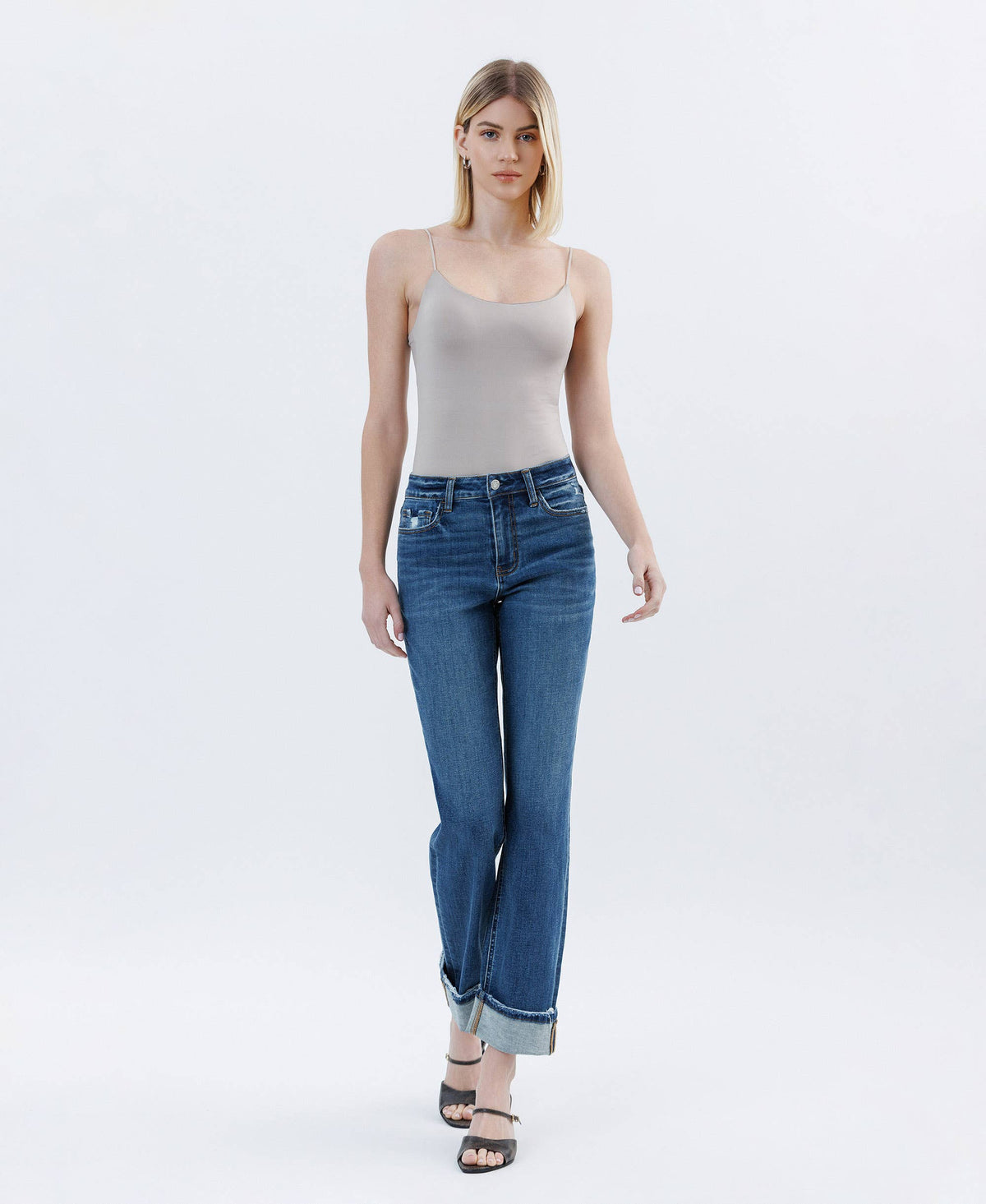 Vervet by Flying Monkey Victoria High Rise Cuffed Straight Jeans: Dark Wash
