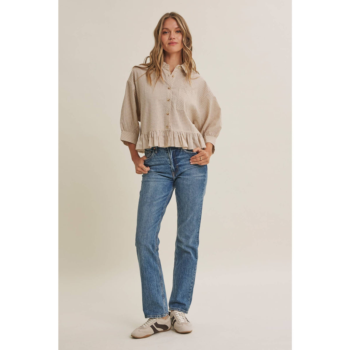 MORNING OAT MICRO CHECK RUFFLE HEM BUTTON-DOWN SHIRT: VANILLA / S